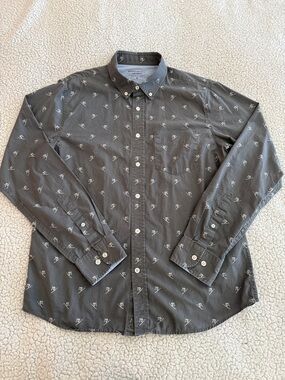 Banana Republic Charcoal Gray Button-Down Shirt with Small White Skier Print